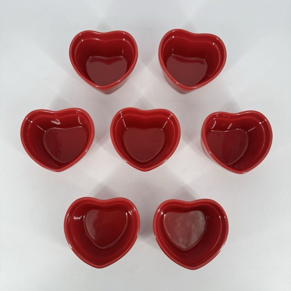 Set of 7 Red Heart Shaped Ceramic Ramekins Baking Dishes Oven Safe